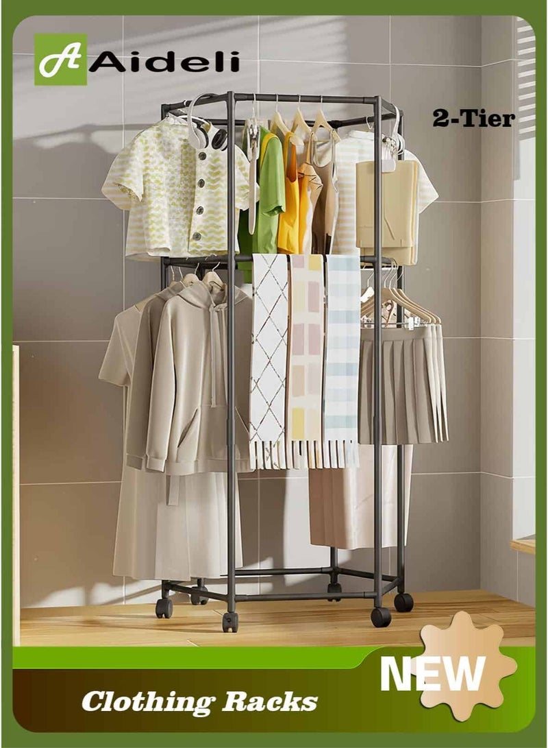 أديلي علاقة ملابس بعجلات بطبقتين، رف ملابس محمول لتعليق الملابس، تصميم سداسي متين متعدد الاستخدام لغرفة النوم وغرفة المعيشة - Image 1